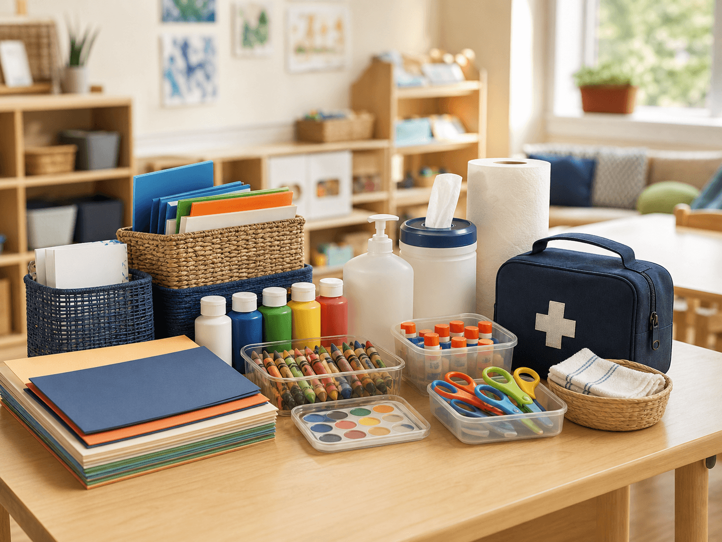 Essential supplies organized in a bright daycare classroom
